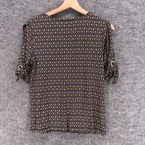 Liz Claiborne Blouse Women XS Black Geometric V-Neck Cold Shoulder Short Sleeve - Picture 2 of 8